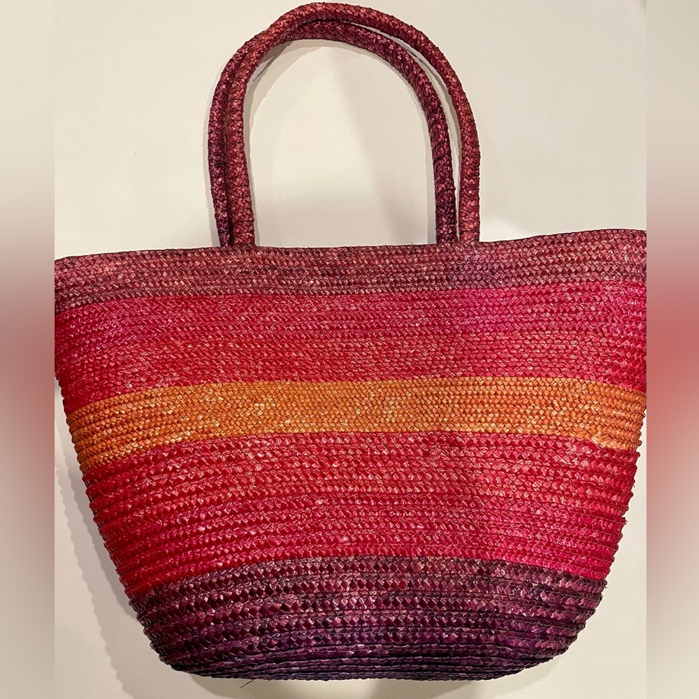 Apri Purple, Pink & Orange Straw Tote Bag with snap closure